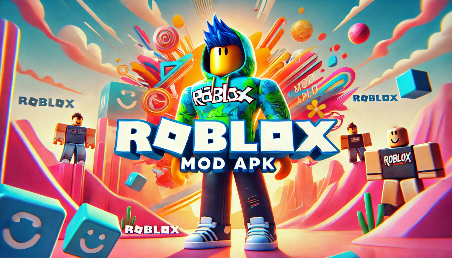 A Roblox character in a colorful background